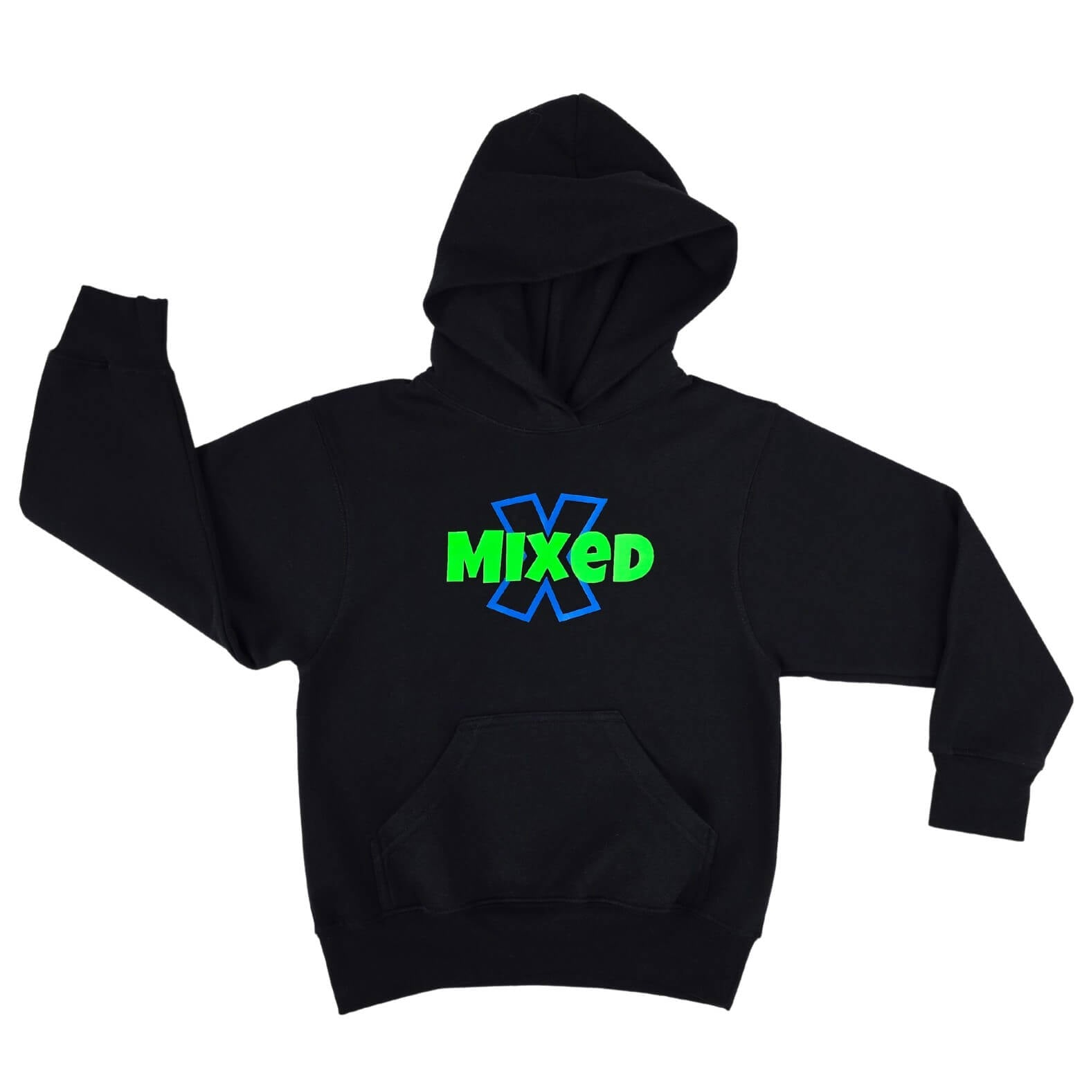 Front view flat lay of black hoodie with Neon green lettering with the word "Mixed" and a neon blue X letter. Inclusive fashion design.