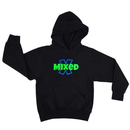 Front view flat lay of black hoodie with Neon green lettering with the word "Mixed" and a neon blue X letter. Inclusive fashion design.