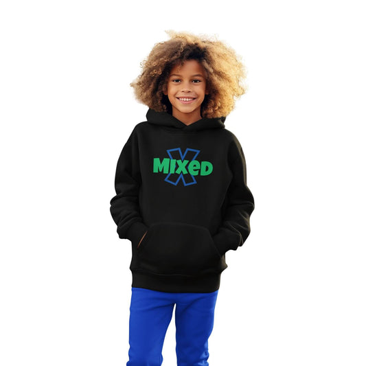 Smiling child with curly hair wearing a black hoodie with the word "Mixed" in neon green and blue text, standing against a white background. Youth empowerment fashion promoting biracial pride.