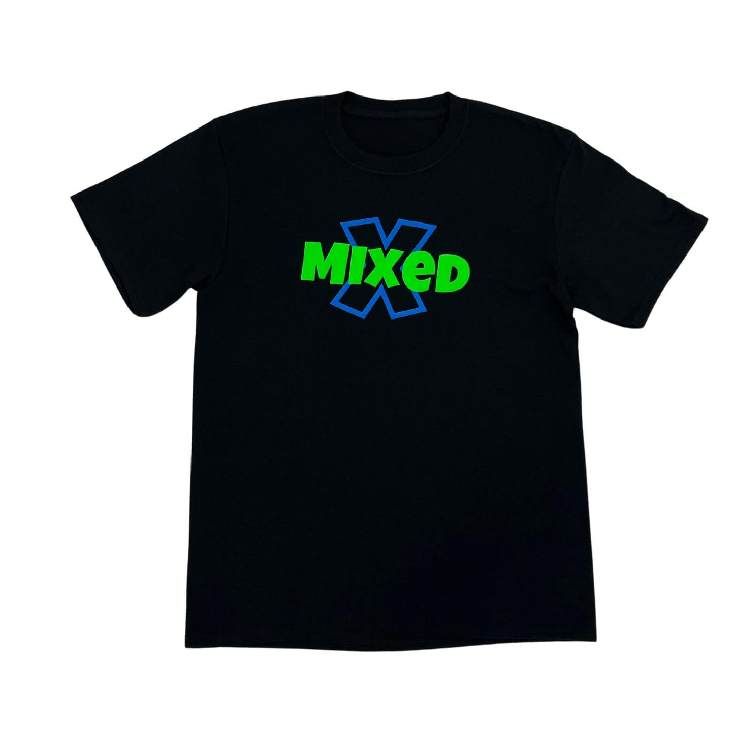 Black t-shirt flat lay with 'MIXED' text in green and blue 'X' on a white background