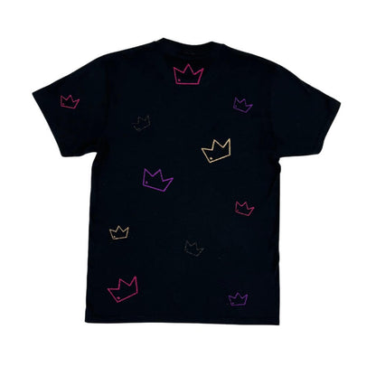 Black t-shirt with colorful crown patterns on a white background