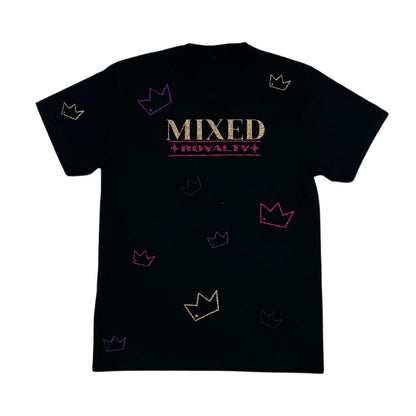 Black t-shirt with 'MIXED ROYALTY' text and crown designs on a white background