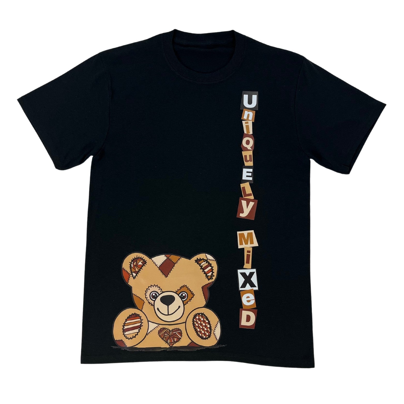 Black t-shirt with a teddy bear graphic  peeking up from the bottom of the shirt and vertical stamp 'Uniquely Mixed' text on a white background.