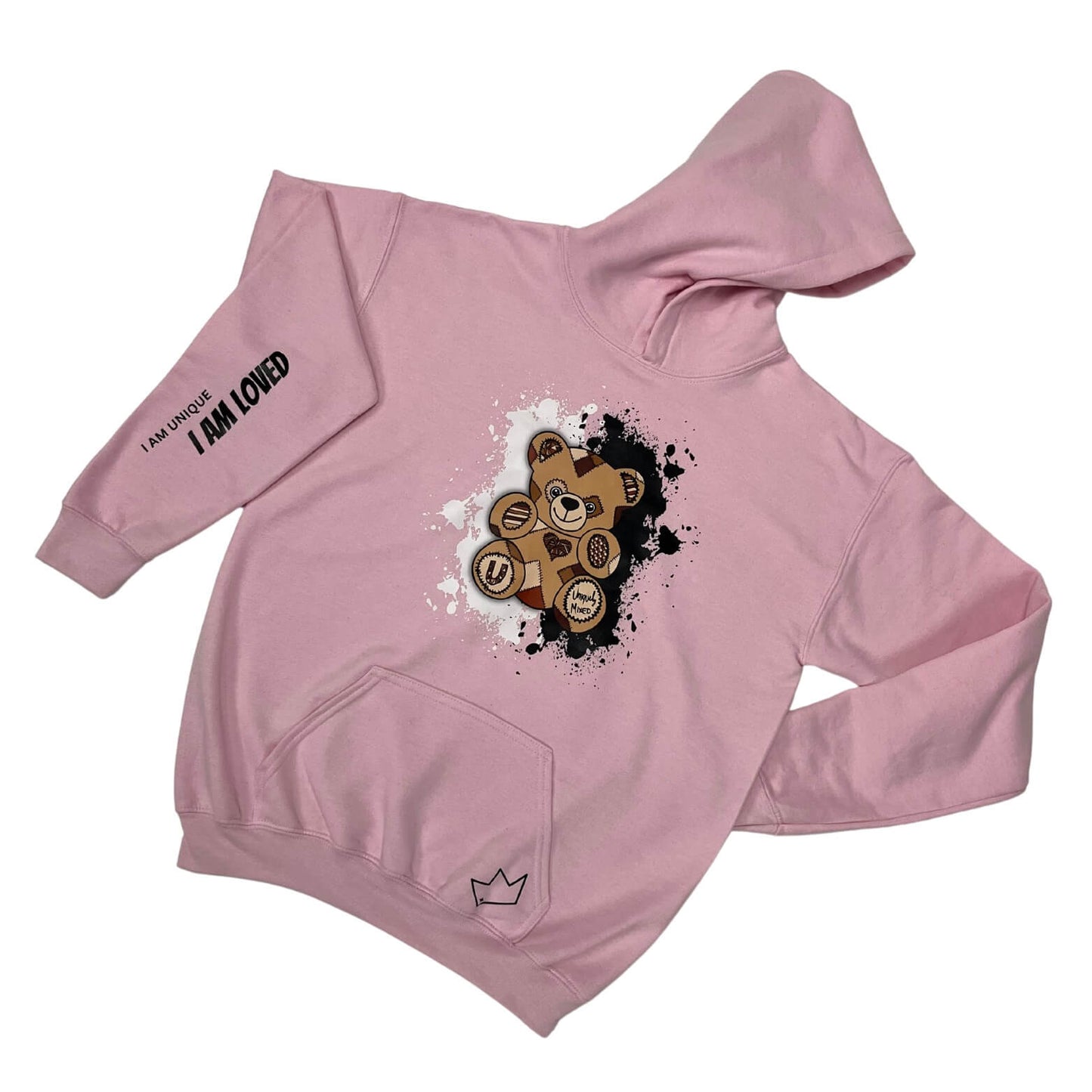 Pink Unity Bear hoodie with a bear graphic and text on the sleeve 'I Am Unique I Am Loved' on a white background. Symbolizing self-love, positivity, and empowerment in children's streetwear fashion. 